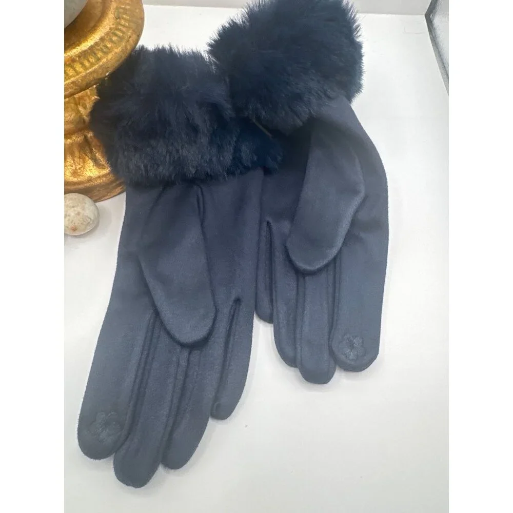 Plush Faux Fur Cuff Gloves - Navy